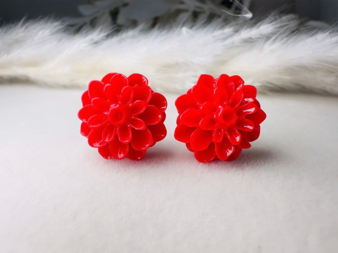 Red Flower Earrings, Handmade Floral Cabochon Resin Stud Earrings with Hypoallergenic Posts