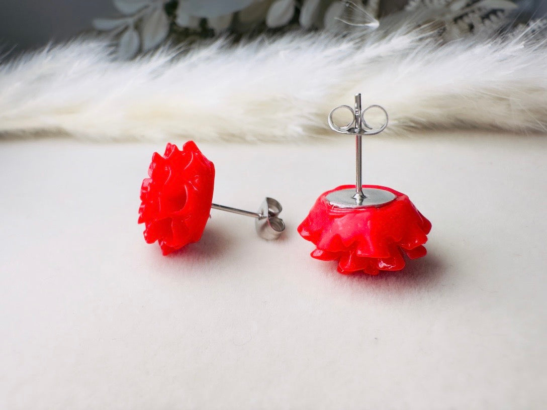 Red Flower Earrings, Handmade Floral Cabochon Resin Stud Earrings with Hypoallergenic Posts