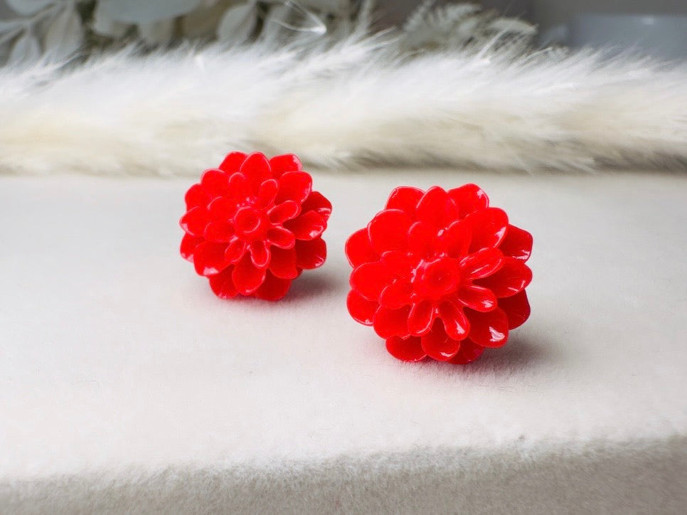 Red Flower Earrings, Handmade Floral Cabochon Resin Stud Earrings with Hypoallergenic Posts