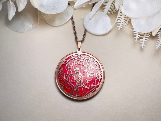 Red Holiday Necklace, Vintage Coppercraft Guild 1978 Christmas Partridge in a Pear Tree Copper Cut Out Medallion Pendant Necklace
