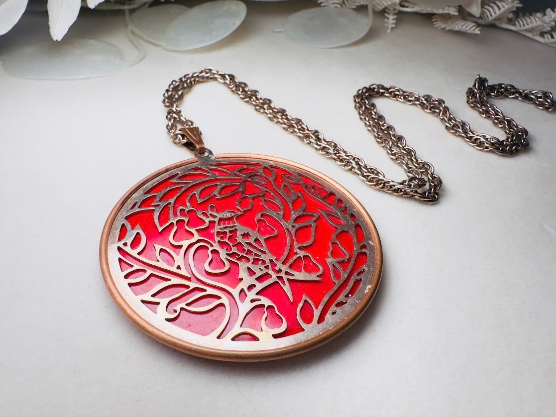 Red Holiday Necklace, Vintage Coppercraft Guild 1978 Christmas Partridge in a Pear Tree Copper Cut Out Medallion Pendant Necklace