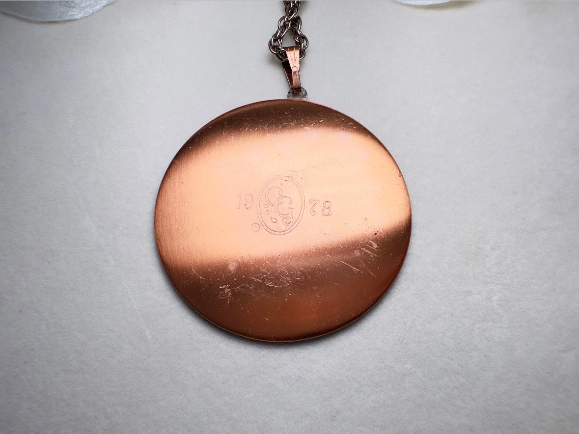 Red Holiday Necklace, Vintage Coppercraft Guild 1978 Christmas Partridge in a Pear Tree Copper Cut Out Medallion Pendant Necklace