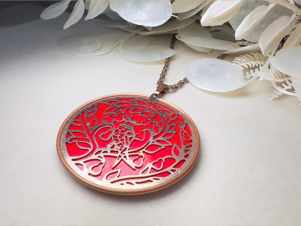 Red Holiday Necklace, Vintage Coppercraft Guild 1978 Christmas Partridge in a Pear Tree Copper Cut Out Medallion Pendant Necklace