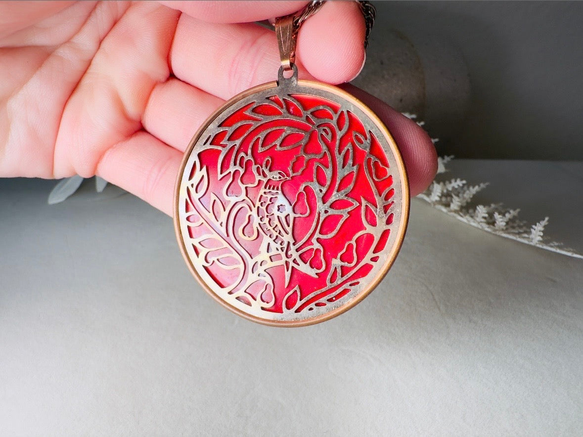 Red Holiday Necklace, Vintage Coppercraft Guild 1978 Christmas Partridge in a Pear Tree Copper Cut Out Medallion Pendant Necklace