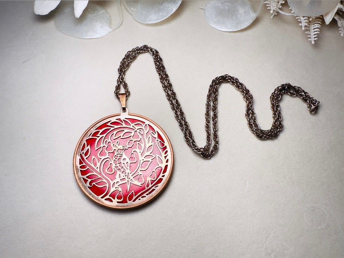 Red Holiday Necklace, Vintage Coppercraft Guild 1978 Christmas Partridge in a Pear Tree Copper Cut Out Medallion Pendant Necklace