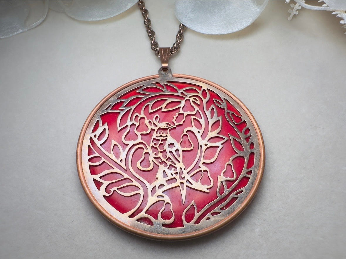 Red Holiday Necklace, Vintage Coppercraft Guild 1978 Christmas Partridge in a Pear Tree Copper Cut Out Medallion Pendant Necklace