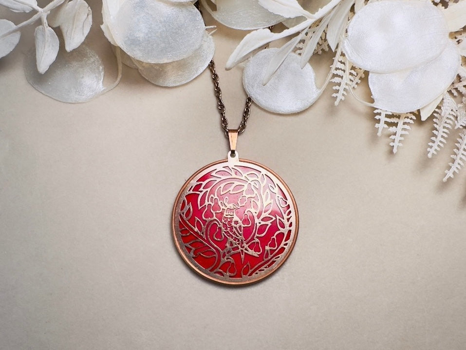 Red Holiday Necklace, Vintage Coppercraft Guild 1978 Christmas Partridge in a Pear Tree Copper Cut Out Medallion Pendant Necklace