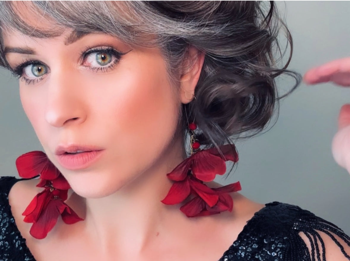 Red Hydrangea Earrings, Handmade Whimsical Fabric Flower Earrings, Unique Christmas Red Earrings, Dramatic Oversized Red Faerie Earrings