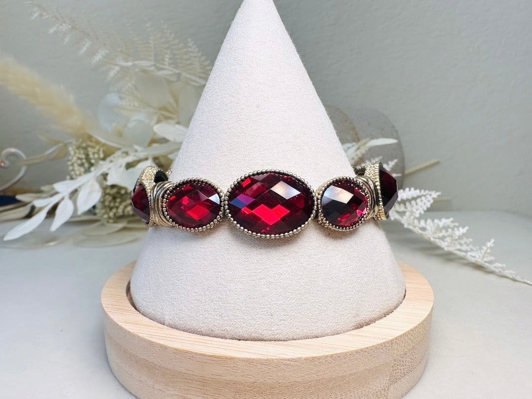 Red Napier Bracelet, Gorgeous Gold and Glowing Red Oval Cabochon Bezel Set Stretch Link Bracelet