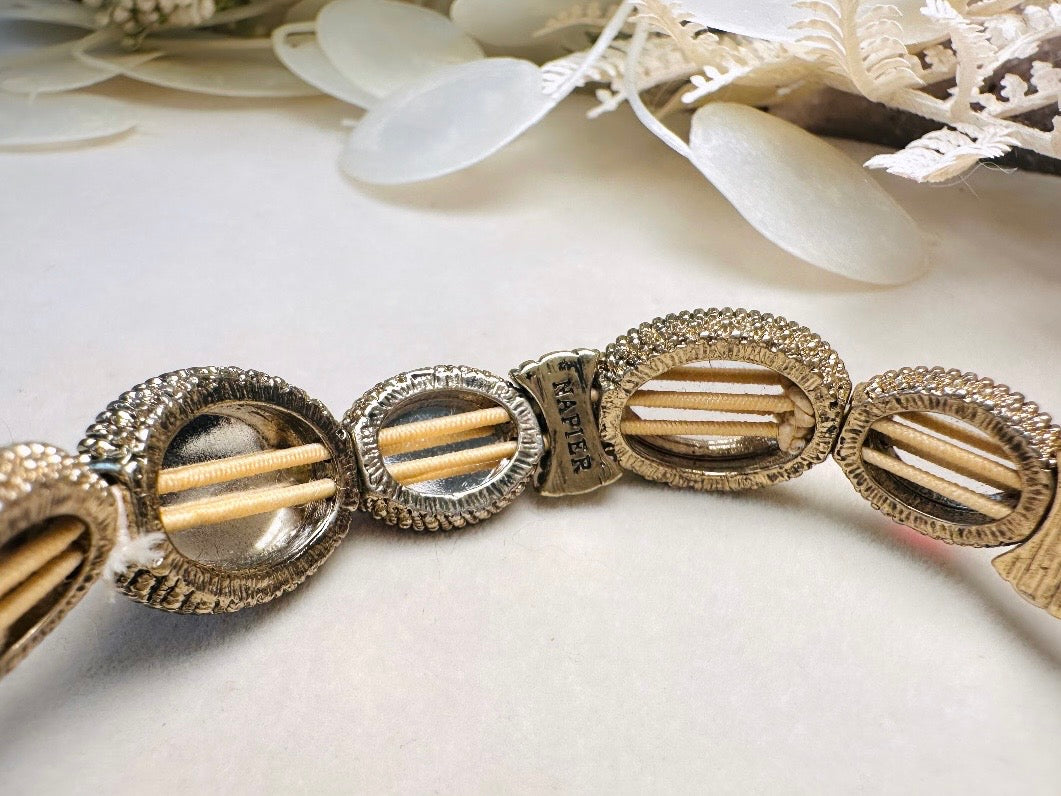 Red Napier Bracelet, Gorgeous Gold and Glowing Red Oval Cabochon Bezel Set Stretch Link Bracelet