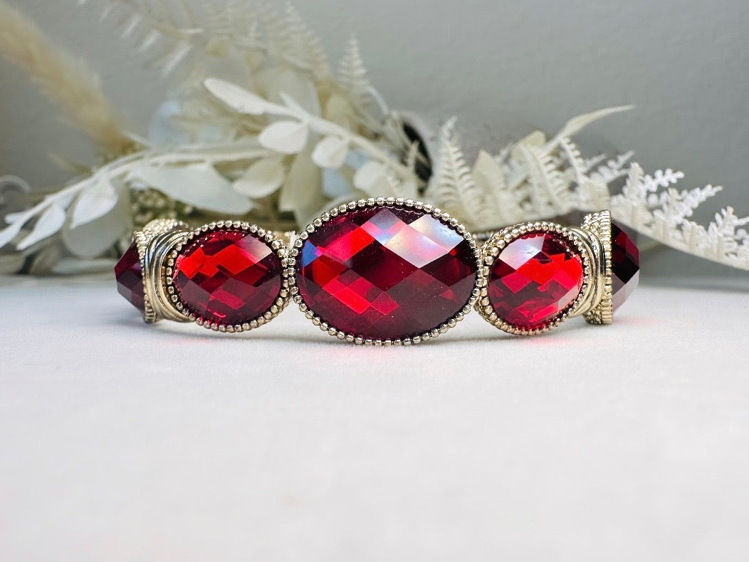 Red Napier Bracelet, Gorgeous Gold and Glowing Red Oval Cabochon Bezel Set Stretch Link Bracelet