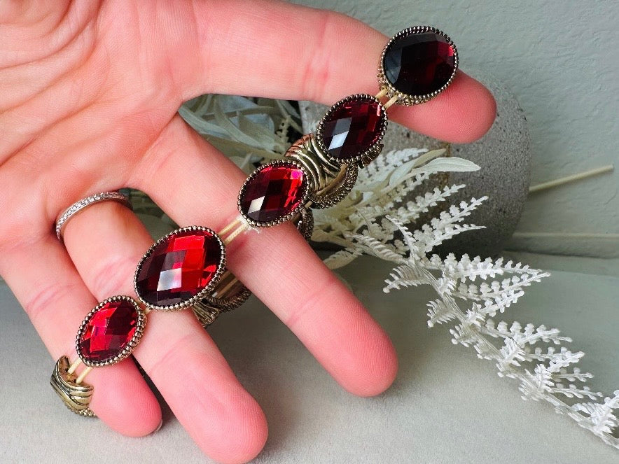 Red Napier Bracelet, Gorgeous Gold and Glowing Red Oval Cabochon Bezel Set Stretch Link Bracelet