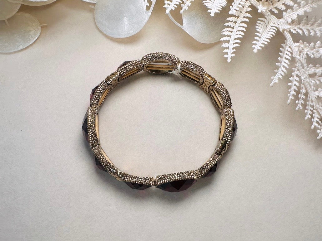 Red Napier Bracelet, Gorgeous Gold and Glowing Red Oval Cabochon Bezel Set Stretch Link Bracelet