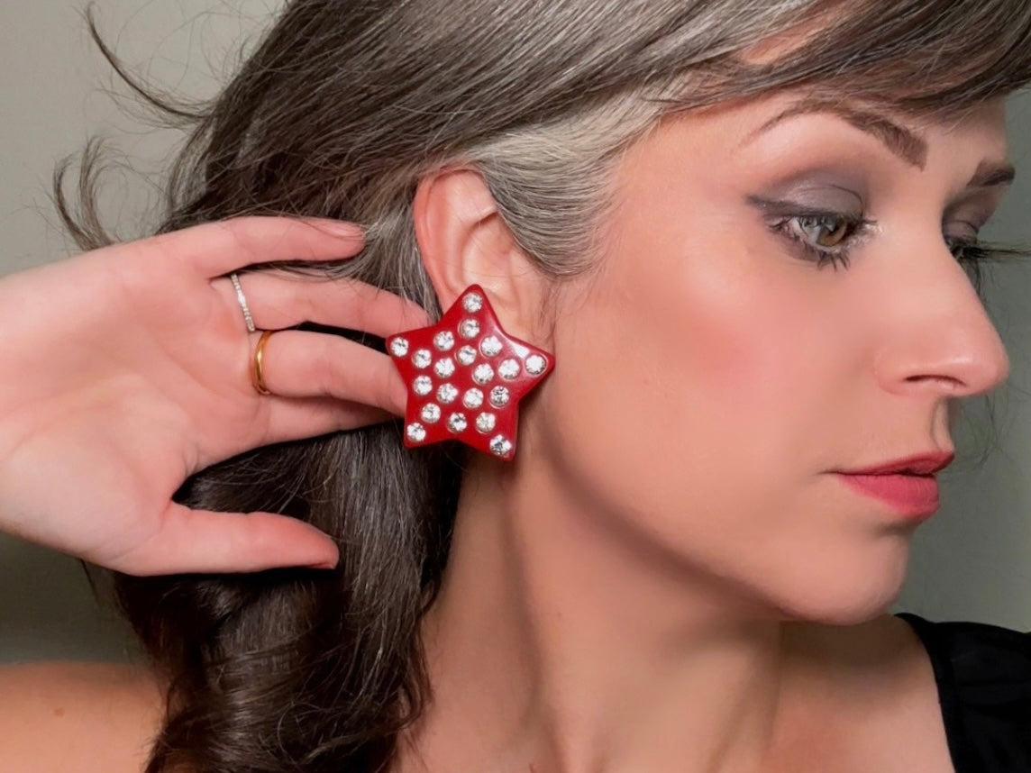 Red Star Earrings, Oversized Vintage Star Clip Ons with Rhinestones, Huge Rockstar 80s Statement Earrings