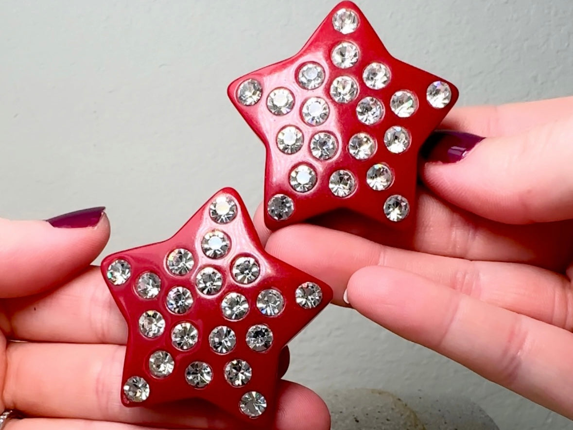 Red Star Earrings, Oversized Vintage Star Clip Ons with Rhinestones, Huge Rockstar 80s Statement Earrings