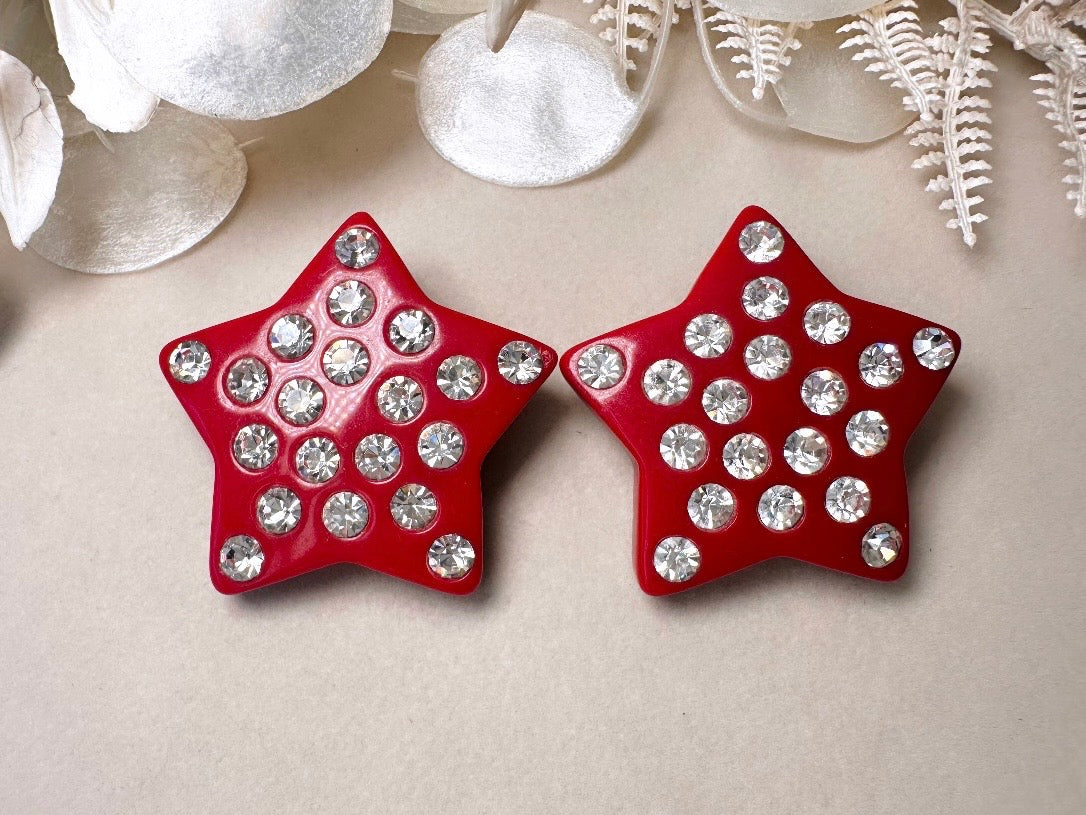 Red Star Earrings, Oversized Vintage Star Clip Ons with Rhinestones, Huge Rockstar 80s Statement Earrings