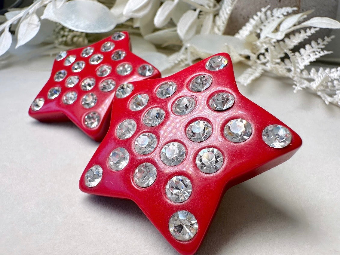 Red Star Earrings, Oversized Vintage Star Clip Ons with Rhinestones, Huge Rockstar 80s Statement Earrings