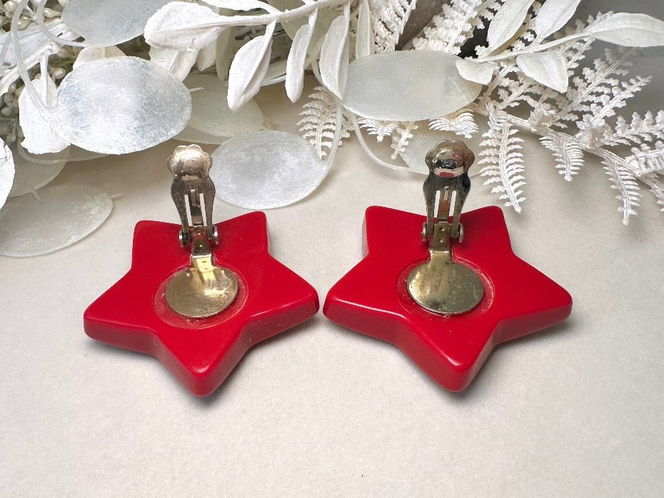 Red Star Earrings, Oversized Vintage Star Clip Ons with Rhinestones, Huge Rockstar 80s Statement Earrings