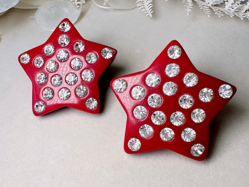 Red Star Earrings, Oversized Vintage Star Clip Ons with Rhinestones, Huge Rockstar 80s Statement Earrings