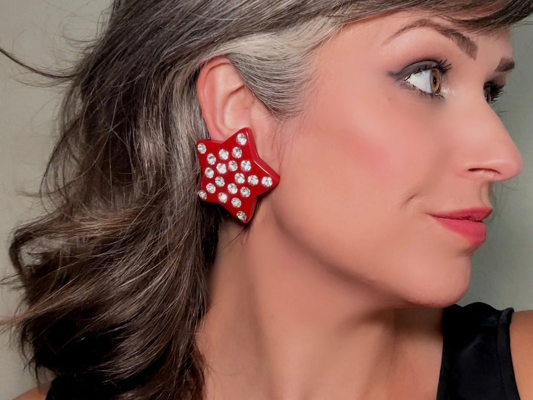 Red Star Earrings, Oversized Vintage Star Clip Ons with Rhinestones, Huge Rockstar 80s Statement Earrings