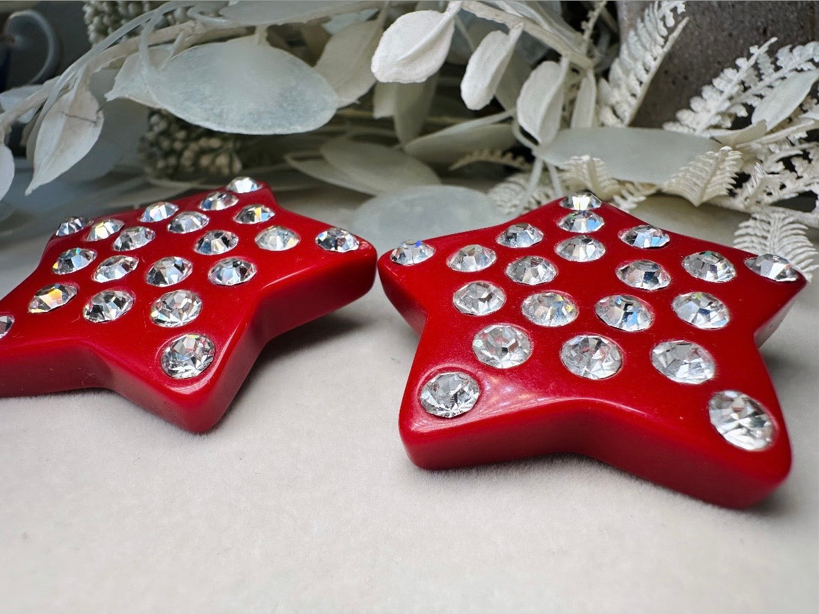 Red Star Earrings, Oversized Vintage Star Clip Ons with Rhinestones, Huge Rockstar 80s Statement Earrings