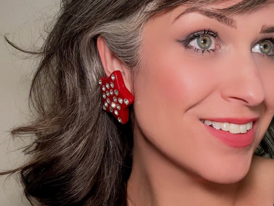 Red Star Earrings, Oversized Vintage Star Clip Ons with Rhinestones, Huge Rockstar 80s Statement Earrings