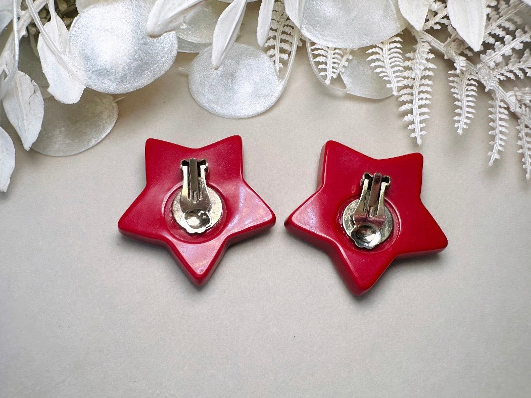 Red Star Earrings, Oversized Vintage Star Clip Ons with Rhinestones, Huge Rockstar 80s Statement Earrings