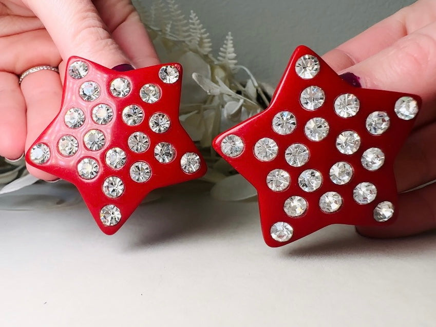 Red Star Earrings, Oversized Vintage Star Clip Ons with Rhinestones, Huge Rockstar 80s Statement Earrings