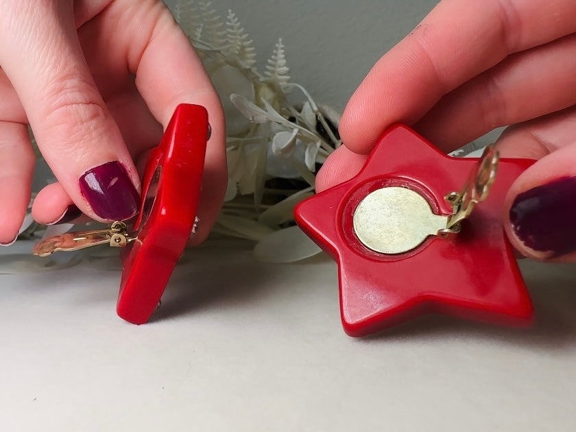 Red Star Earrings, Oversized Vintage Star Clip Ons with Rhinestones, Huge Rockstar 80s Statement Earrings