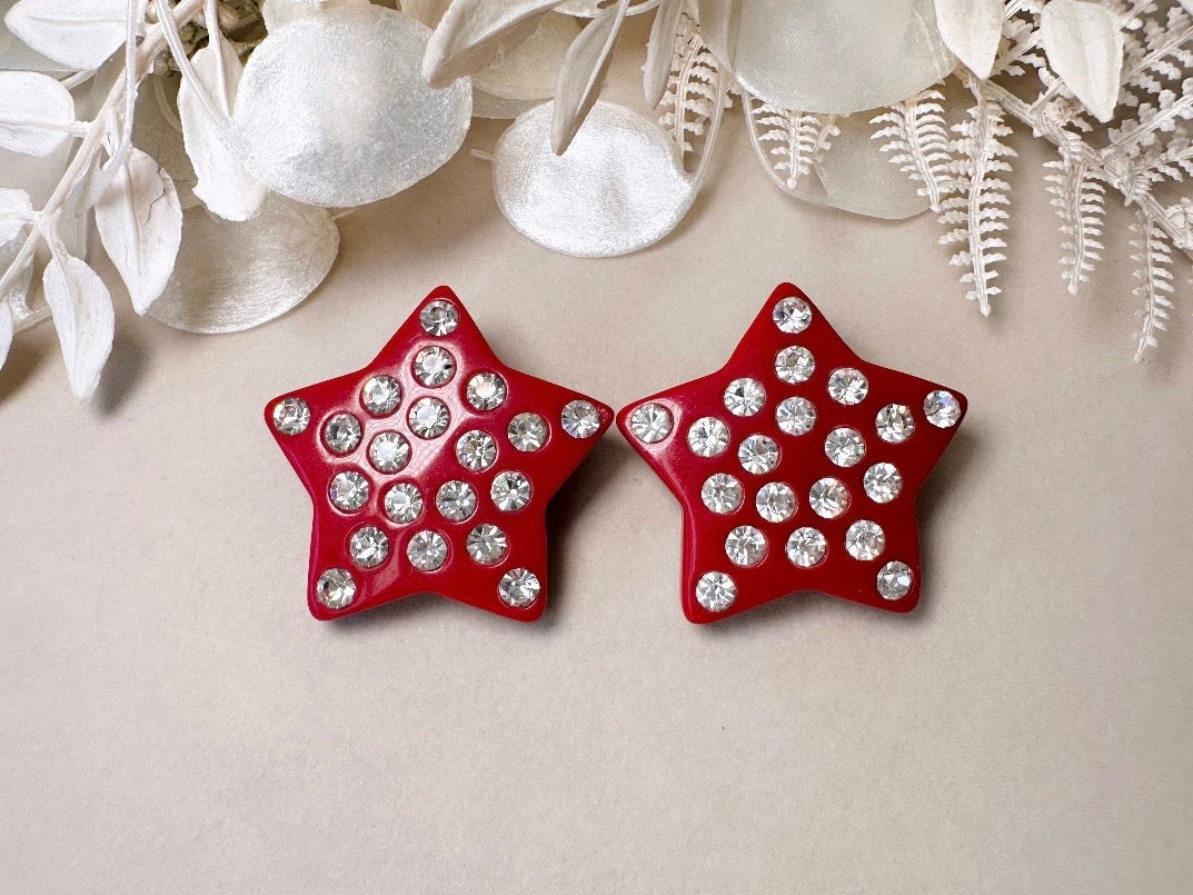 Red Star Earrings, Oversized Vintage Star Clip Ons with Rhinestones, Huge Rockstar 80s Statement Earrings
