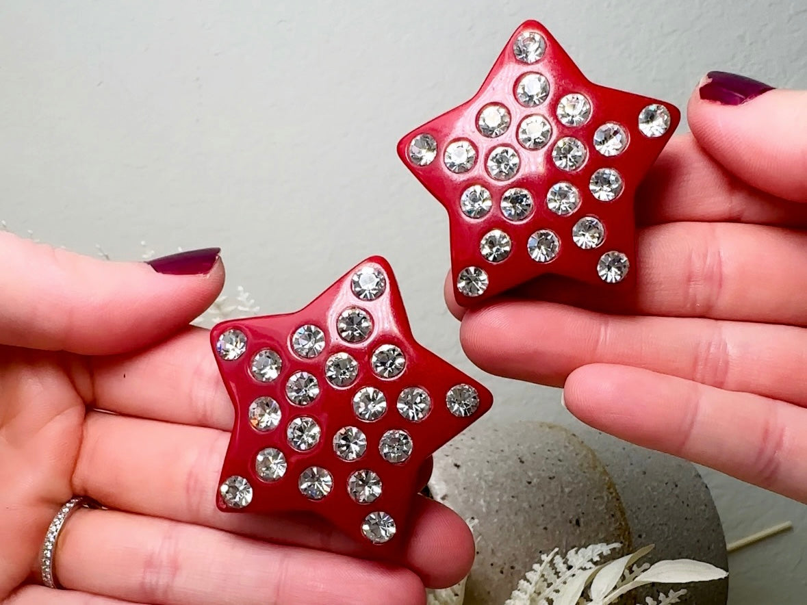 Red Star Earrings, Oversized Vintage Star Clip Ons with Rhinestones, Huge Rockstar 80s Statement Earrings