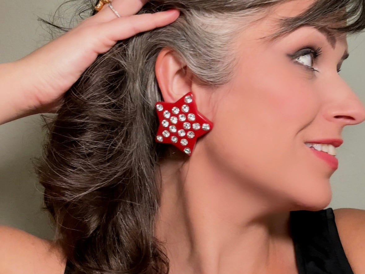 Red Star Earrings, Oversized Vintage Star Clip Ons with Rhinestones, Huge Rockstar 80s Statement Earrings