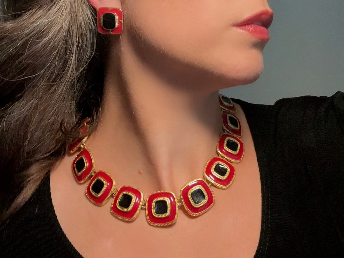 Red and Black Statement Necklace, Vintage Enamel Articulated Collar Choker Necklace with Gold Square Links