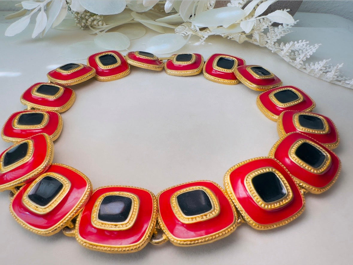 Red and Black Statement Necklace, Vintage Enamel Articulated Collar Choker Necklace with Gold Square Links