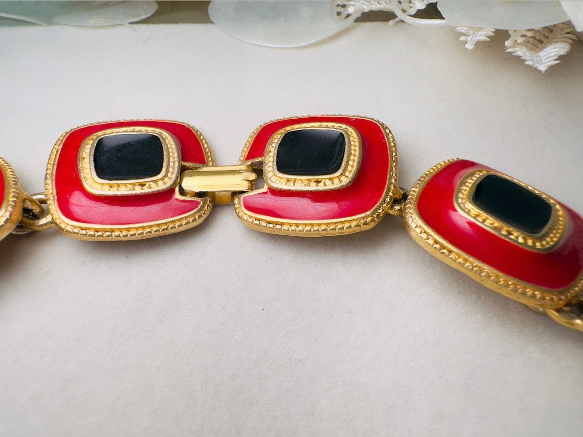 Red and Black Statement Necklace, Vintage Enamel Articulated Collar Choker Necklace with Gold Square Links