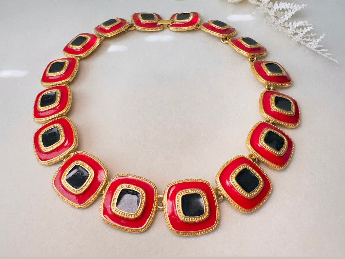 Red and Black Statement Necklace, Vintage Enamel Articulated Collar Choker Necklace with Gold Square Links