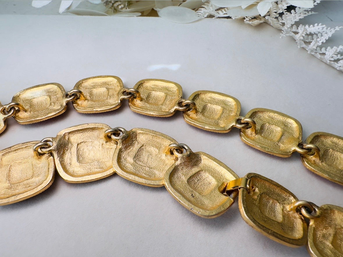 Red and Black Statement Necklace, Vintage Enamel Articulated Collar Choker Necklace with Gold Square Links