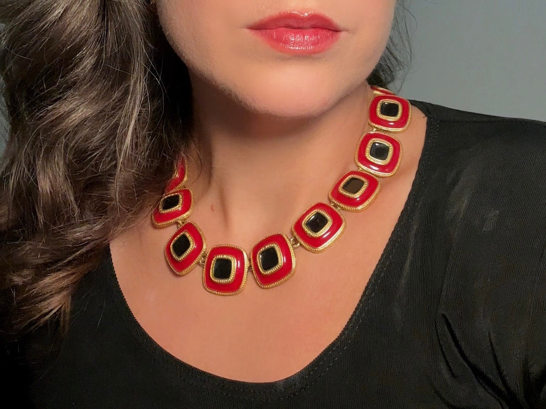 Red and Black Statement Necklace, Vintage Enamel Articulated Collar Choker Necklace with Gold Square Links