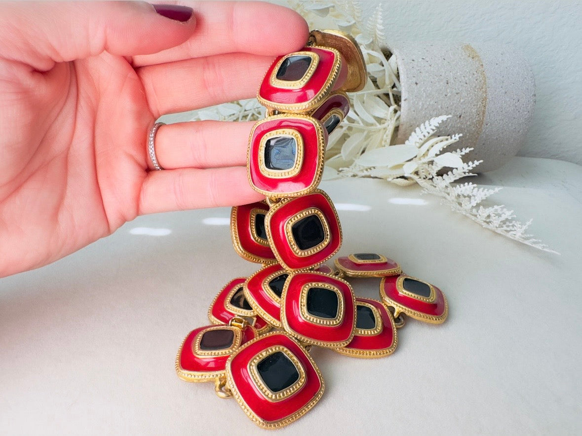 Red and Black Statement Necklace, Vintage Enamel Articulated Collar Choker Necklace with Gold Square Links