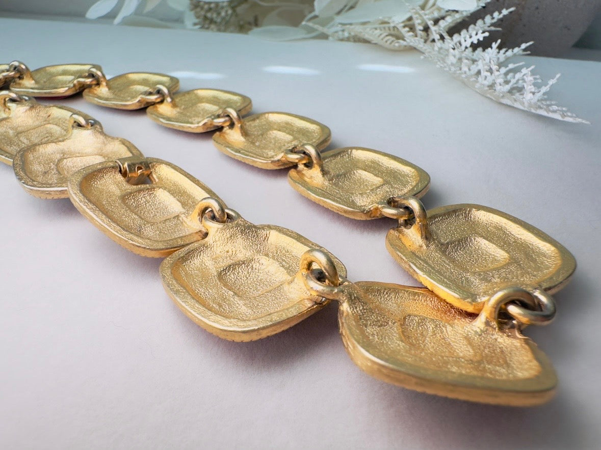 Red and Black Statement Necklace, Vintage Enamel Articulated Collar Choker Necklace with Gold Square Links