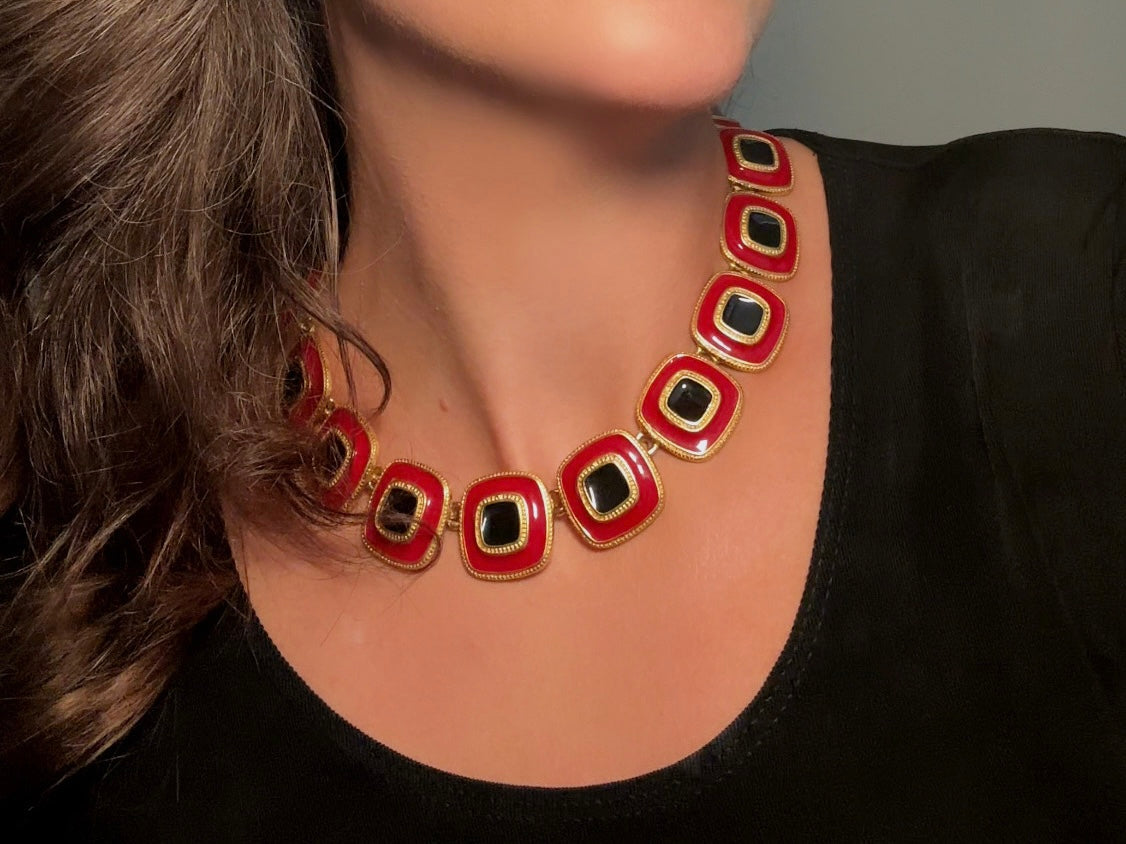 Red and Black Statement Necklace, Vintage Enamel Articulated Collar Choker Necklace with Gold Square Links