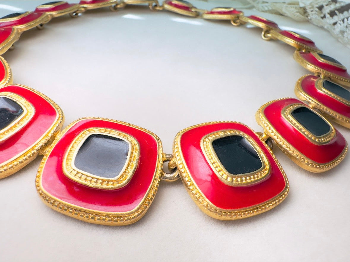 Red and Black Statement Necklace, Vintage Enamel Articulated Collar Choker Necklace with Gold Square Links