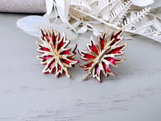 Red and Gold Leaf Earrings, Unique Vintage Earrings, Red Vintage Enamel Leaf Earrings, 1960s VTG Clip On Earrings, Gorgeous One of a Kind