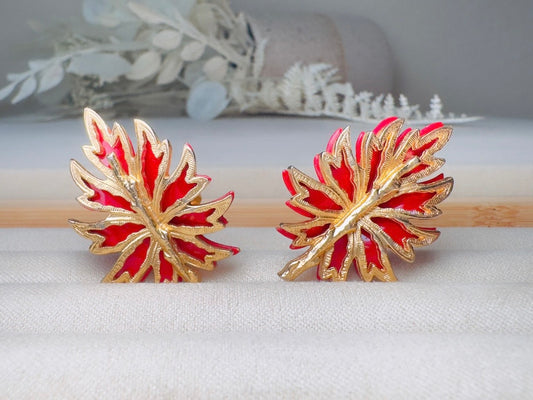 Red and Gold Leaf Earrings, Medieval Renaissance Jewelry, Vintage Openwork Victorian Clip on Earrings