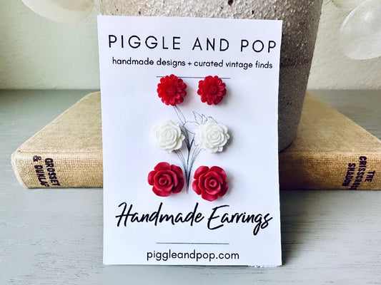 Red and White Flower Earrings Set, Handmade Cute Floral Resin Earrings, Red Daisy Earrings, White Rose Earrings, Matte Red Rose Earring Gift Set by Piggle and Pop