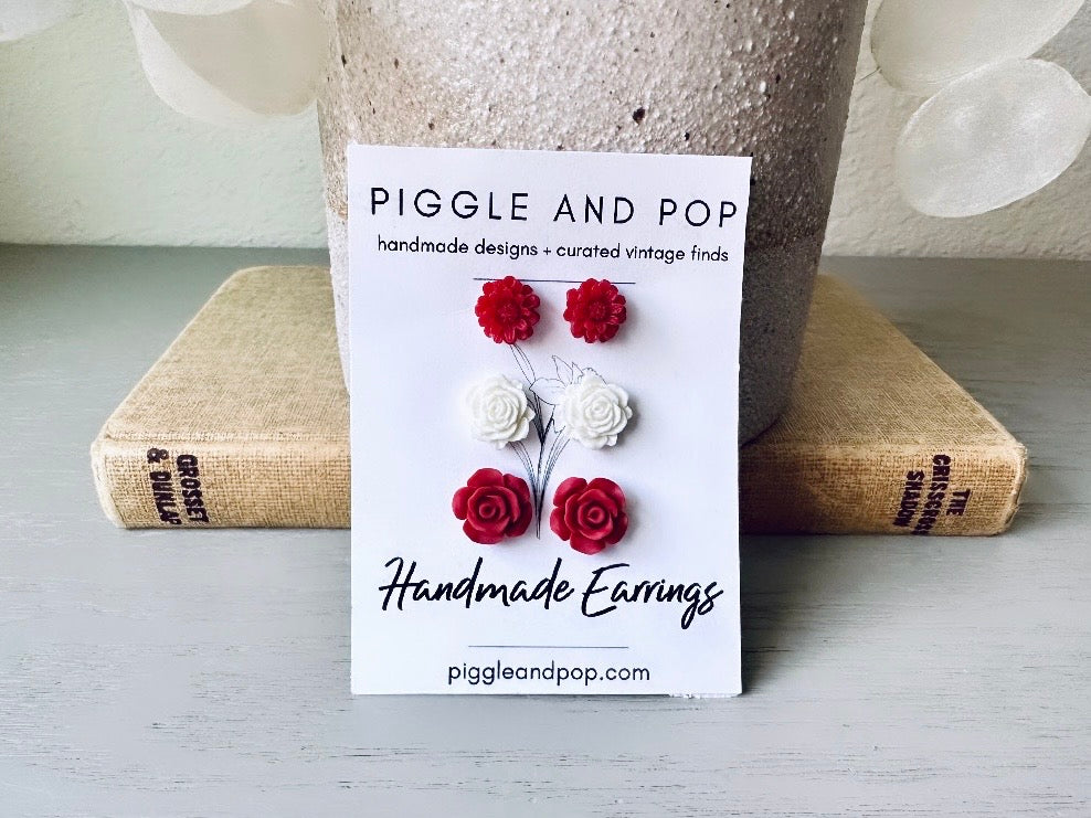 Red and White Flower Earrings Set, Handmade Cute Floral Resin Earrings, Red Daisy Earrings, White Rose Earrings, Matte Red Rose Earring Gift Set by Piggle and Pop