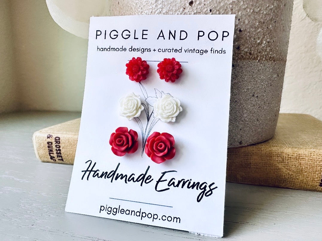 Red and White Flower Earrings Set, Handmade Cute Floral Resin Earrings, Red Daisy Earrings, White Rose Earrings, Matte Red Rose Earring Gift Set by Piggle and Pop