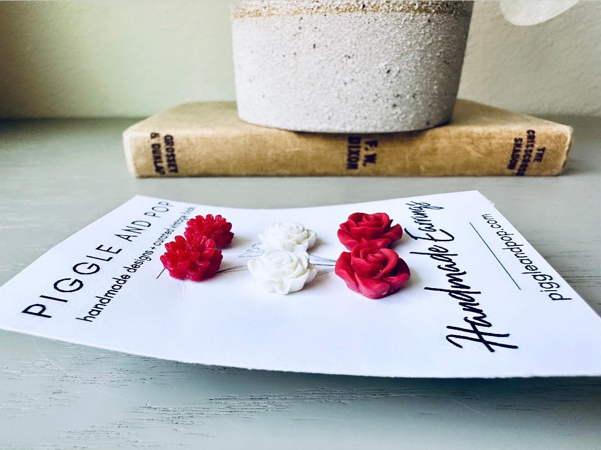 Red and White Flower Earrings Set, Handmade Cute Floral Resin Earrings, Red Daisy Earrings, White Rose Earrings, Matte Red Rose Earring Gift Set by Piggle and Pop