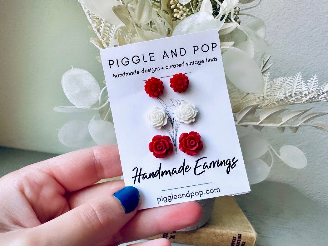 Red and White Flower Earrings Set, Handmade Cute Floral Resin Earrings, Red Daisy Earrings, White Rose Earrings, Matte Red Rose Earring Gift Set by Piggle and Pop