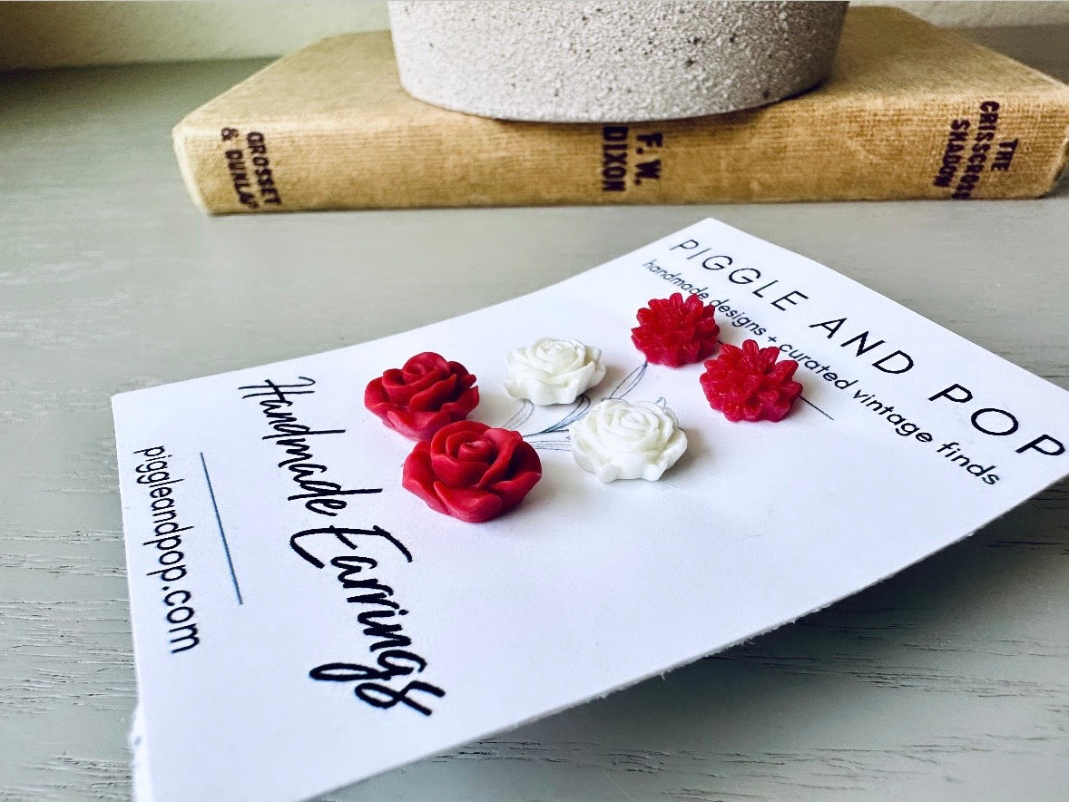 Red and White Flower Earrings Set, Handmade Cute Floral Resin Earrings, Red Daisy Earrings, White Rose Earrings, Matte Red Rose Earring Gift Set by Piggle and Pop